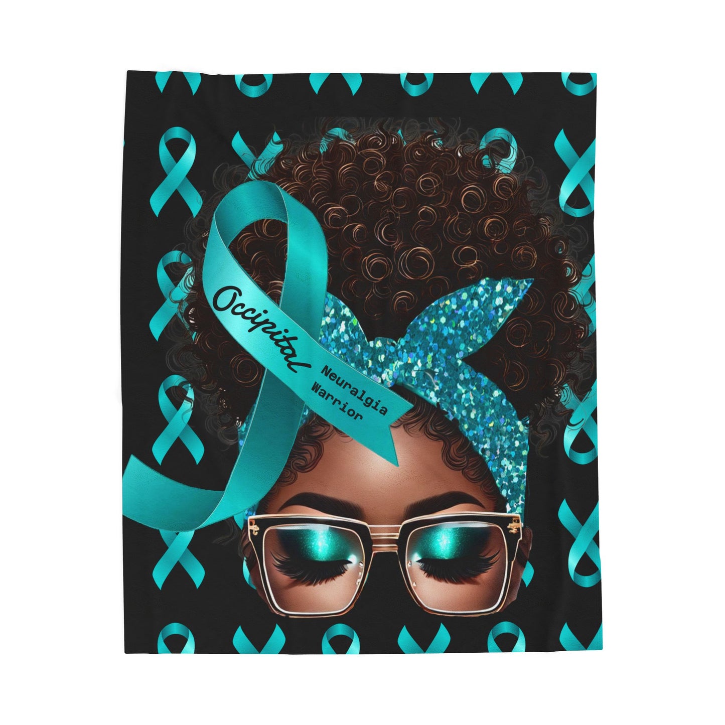 Occipital Neuralgia Warrior Velveteen Plush Blanket | Teal Awareness Ribbon Design