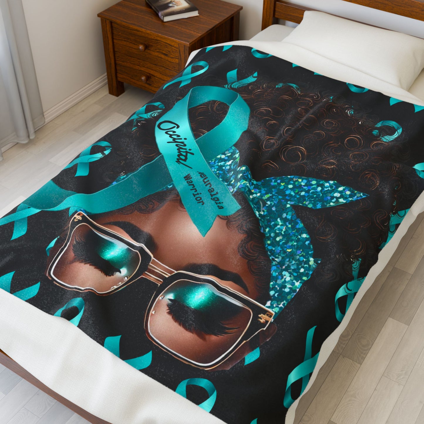 Occipital Neuralgia Warrior Velveteen Plush Blanket | Teal Awareness Ribbon Design